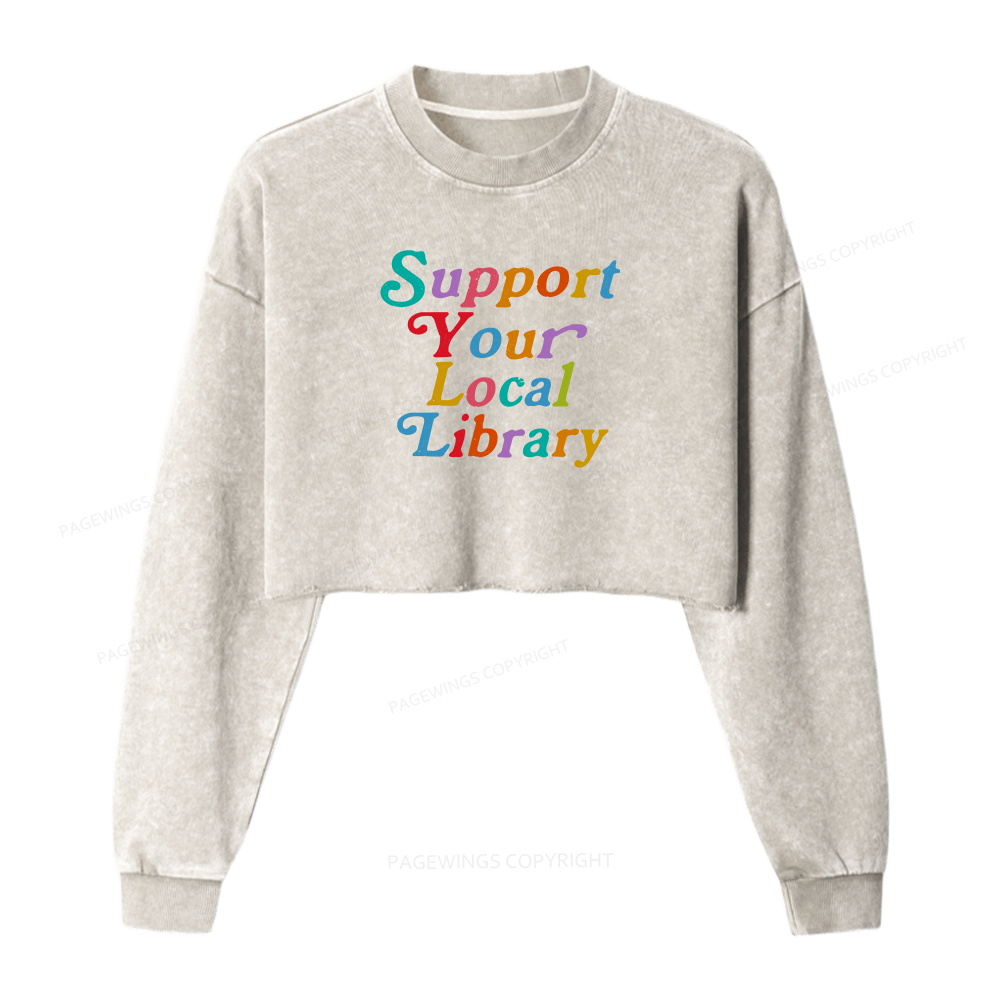 Pagewings Support Your Local Library Women Washed Crop Sweatshirt