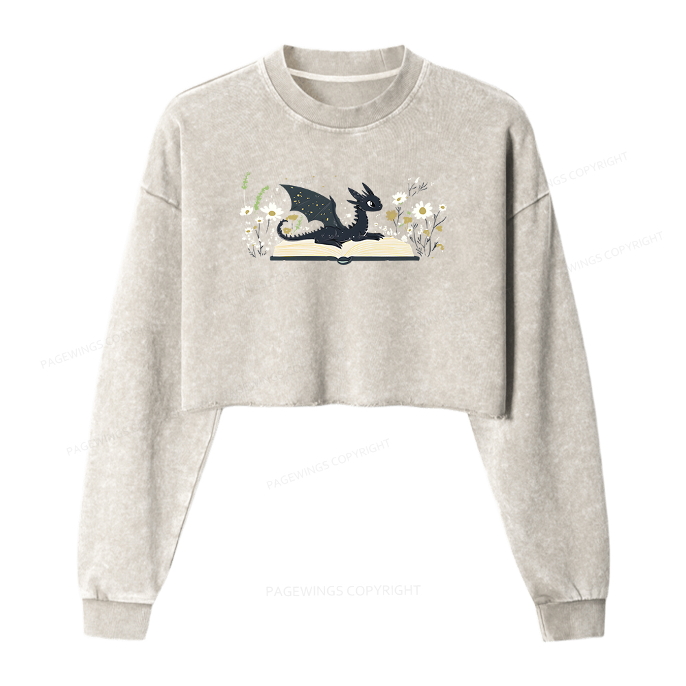 Pagewings Dragon Book Women Washed Crop Sweatshirt