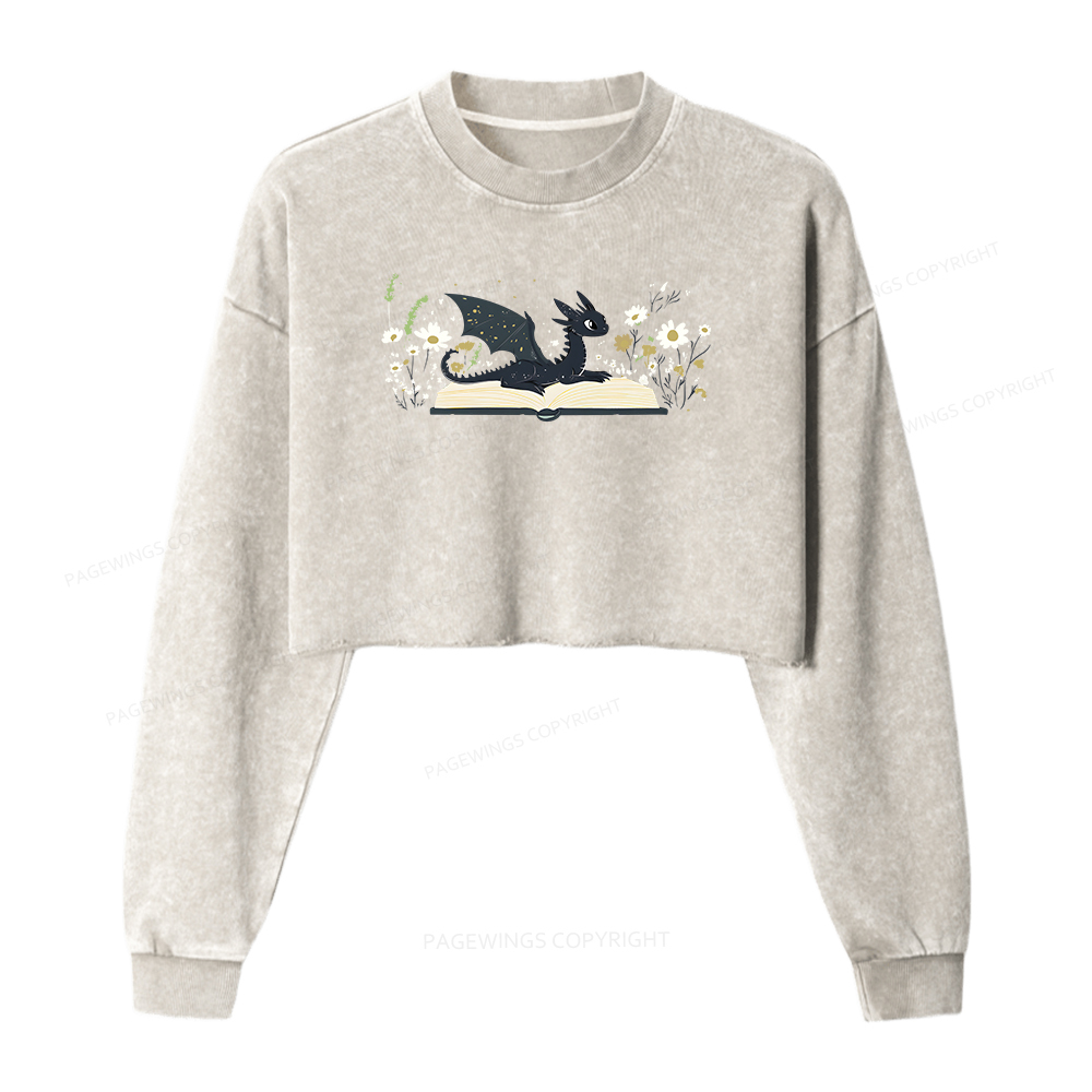 Pagewings Dragon Book Women Washed Crop Sweatshirt