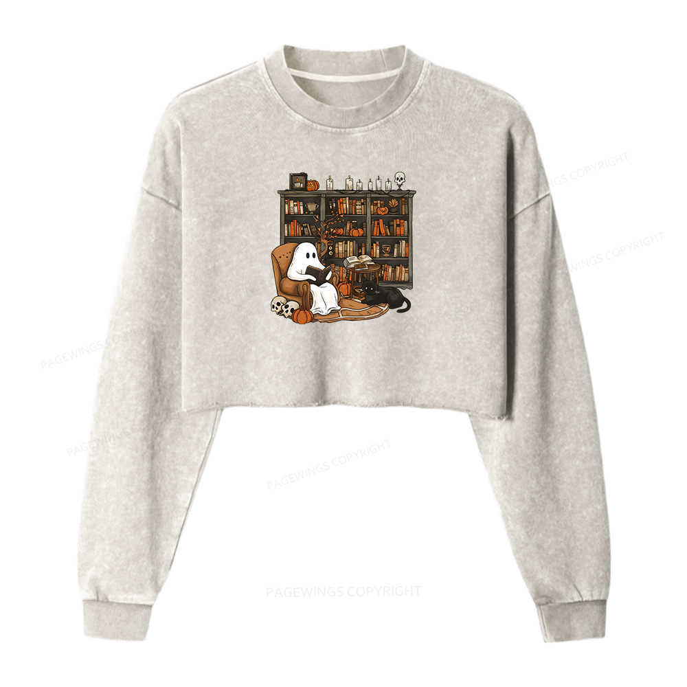 Pagewings Halloween Ghost Reading Books Women Washed Crop Sweatshirt