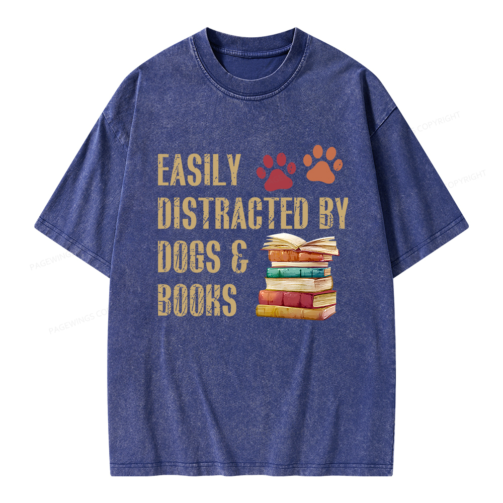 Pagewing Easily Distracted By Dogs And Books Unisex Washed T-shirt