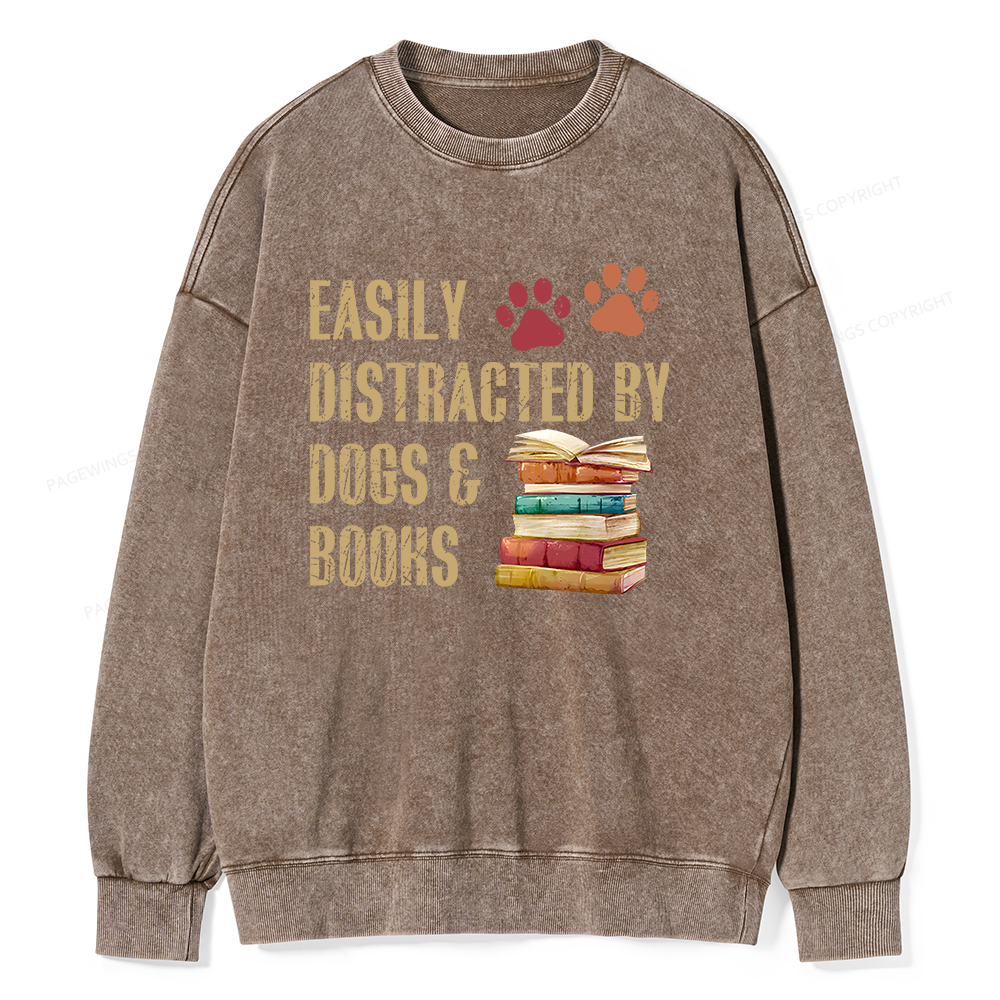 Pagewing Easily Distracted By Dogs And Books Unisex Washed Sweatshirt