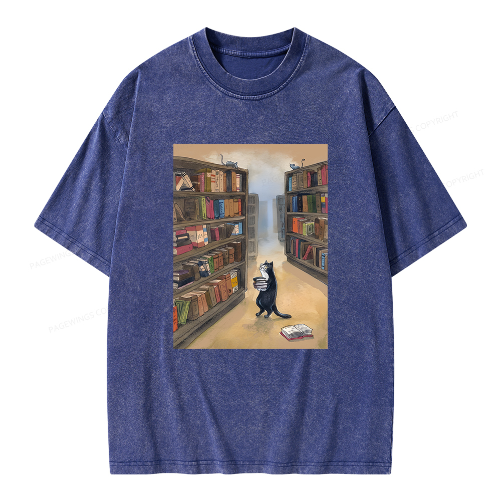 Pagewings Cat Lost In The Library Unisex Washed T-shirt