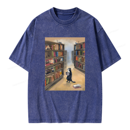 Pagewings Cat Lost In The Library Unisex Washed T-shirt