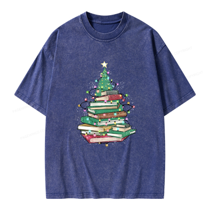 Pagewings Christmas Book Tree Unisex Washed T-shirt