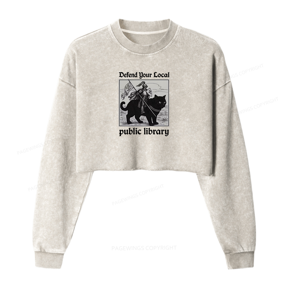 Pagewings Defend Your Local public library Women Washed Crop Sweatshirt