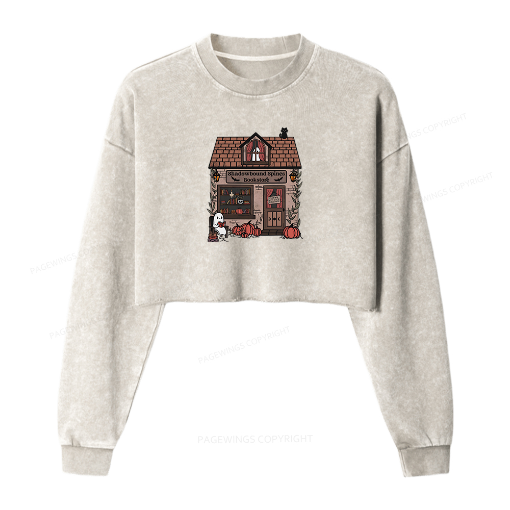 Pagewings Shadowbound Spines Bookstore Women Washed Crop Sweatshirt