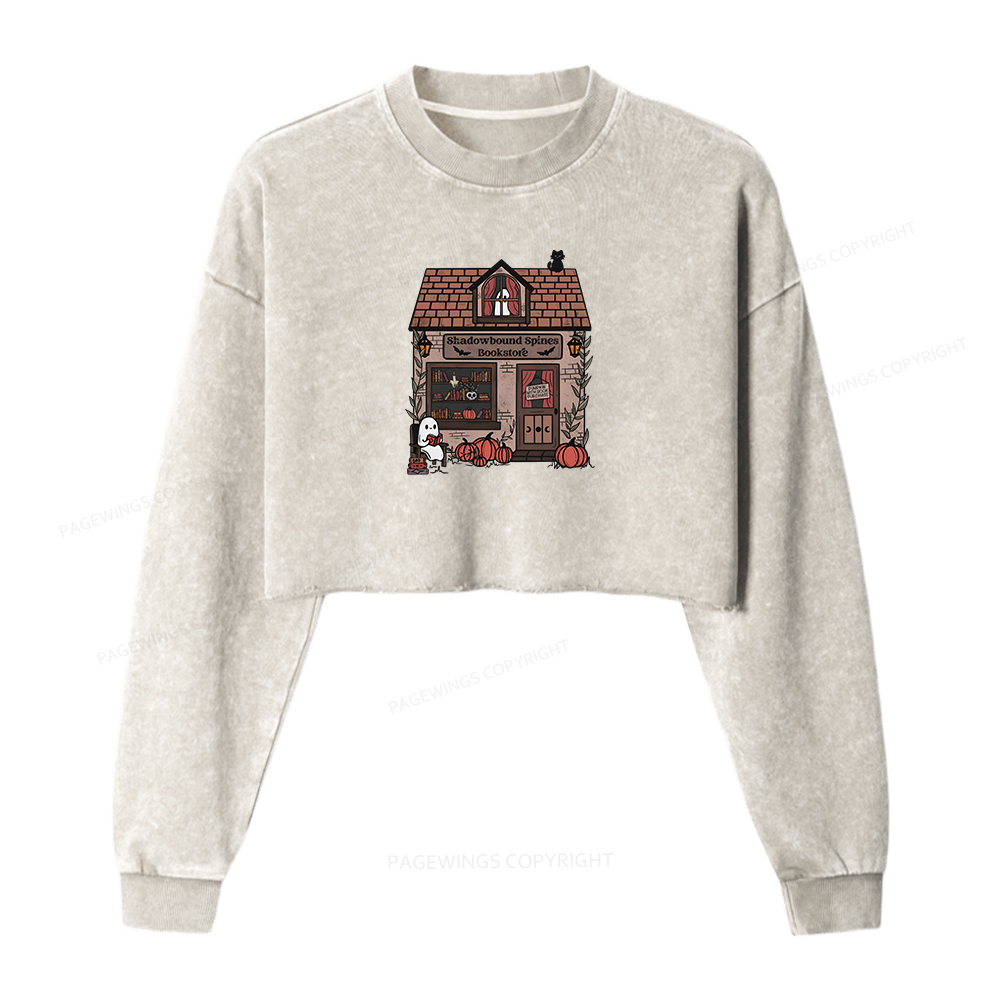 Pagewings Shadowbound Spines Bookstore Women Washed Crop Sweatshirt