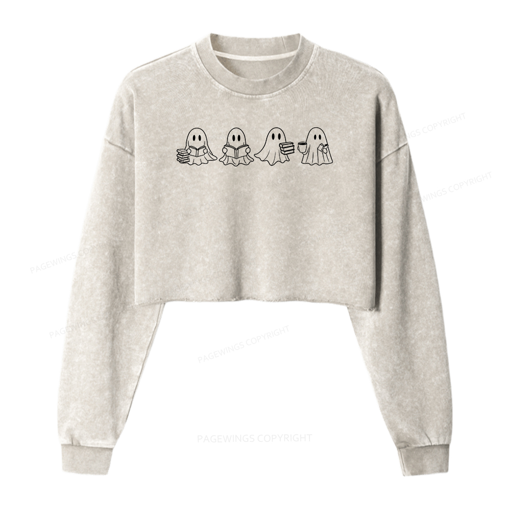 Pagewings Halloween Cute Ghost Reading Books Women Washed Crop Sweatshirt