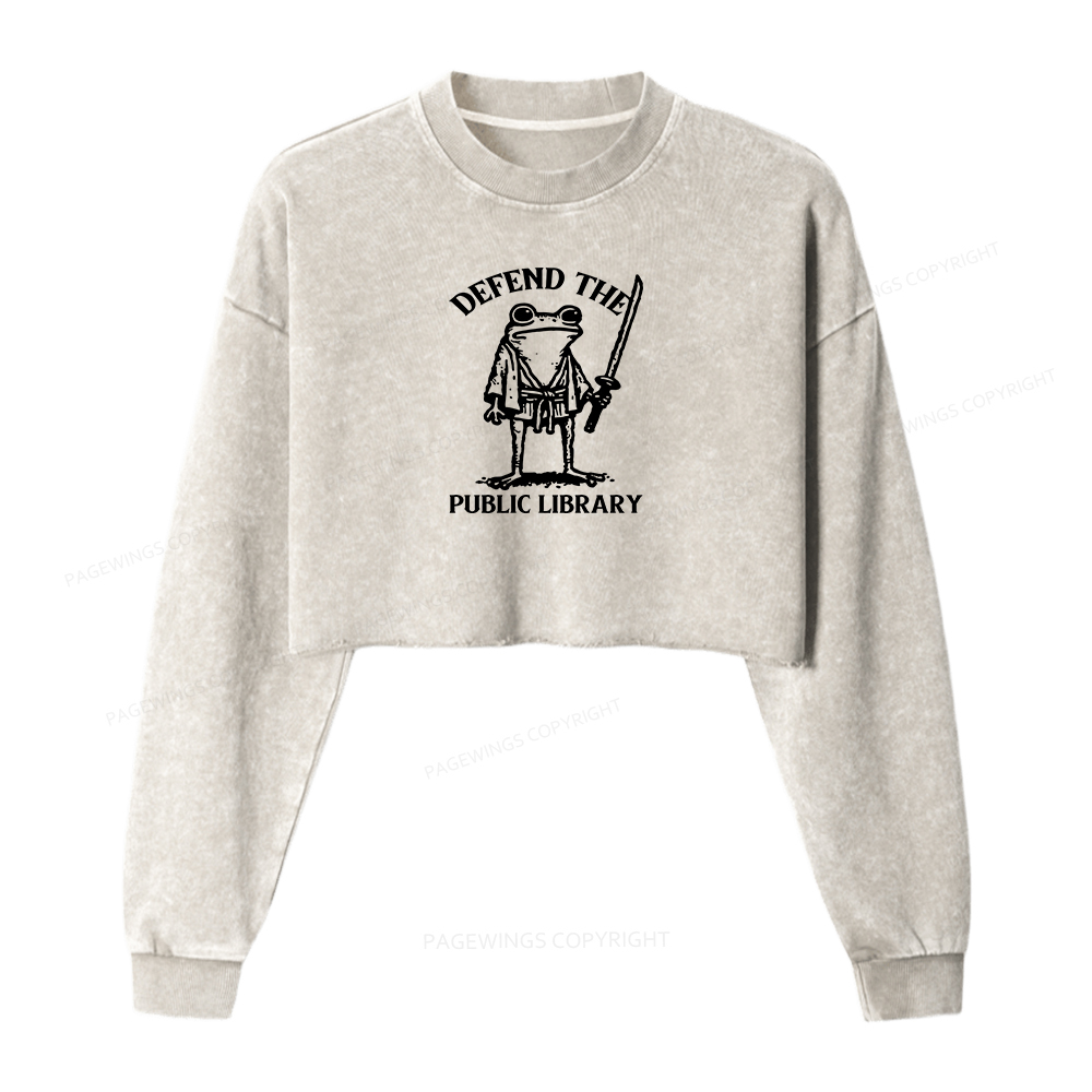 Pagewings Defend Your Public Library Women Washed Crop Sweatshirt