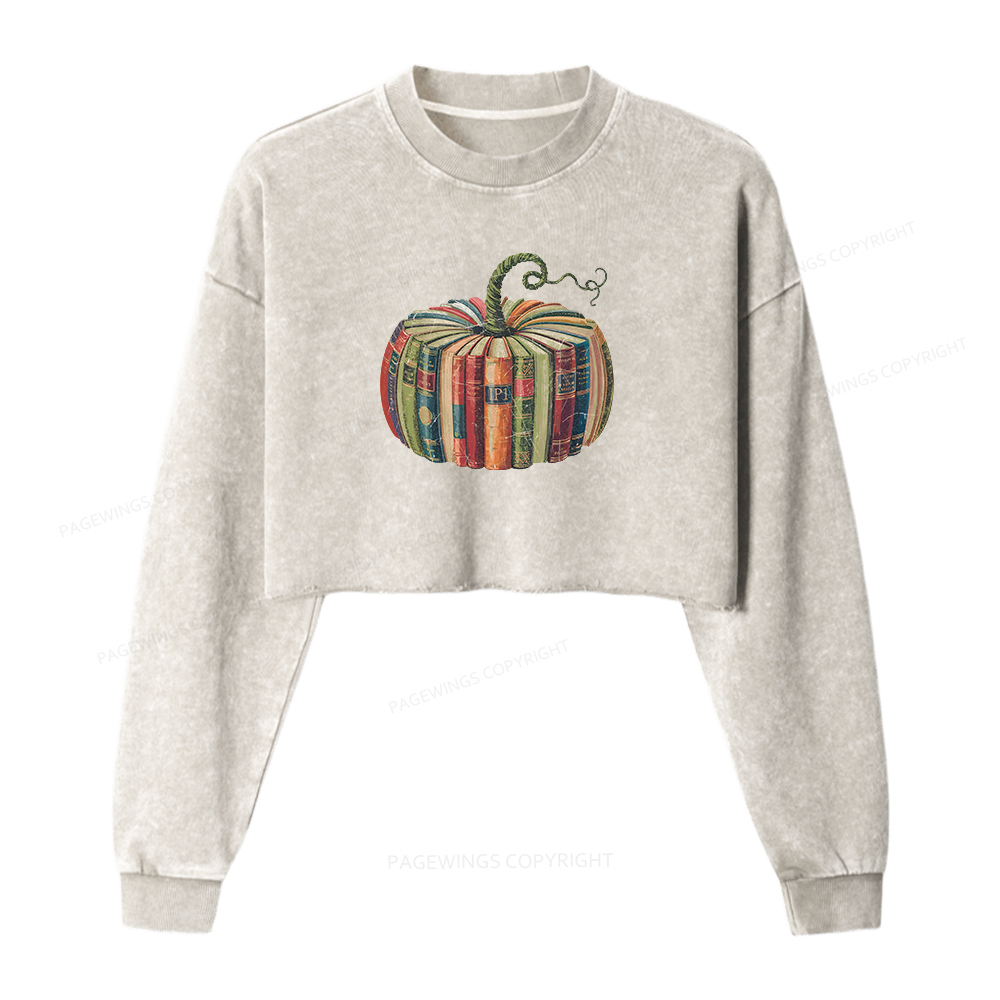 Pagewings Fall Book Pumpkin Women Washed Crop Sweatshirt