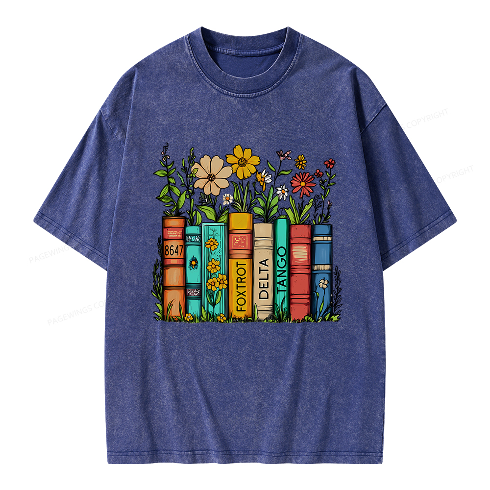 Pagewings Flowers and Books Unisex Washed T-shirt