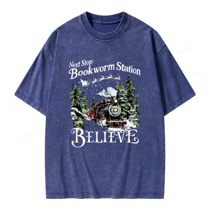 Pagewings Next Stop Bookworm Station Believe Unisex Washed T-shirt
