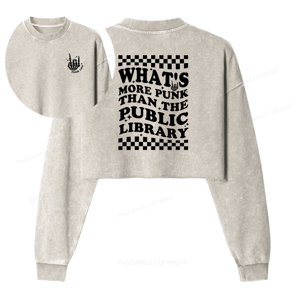 Pagewings Punk The Public Library Women Washed Crop Sweatshirt