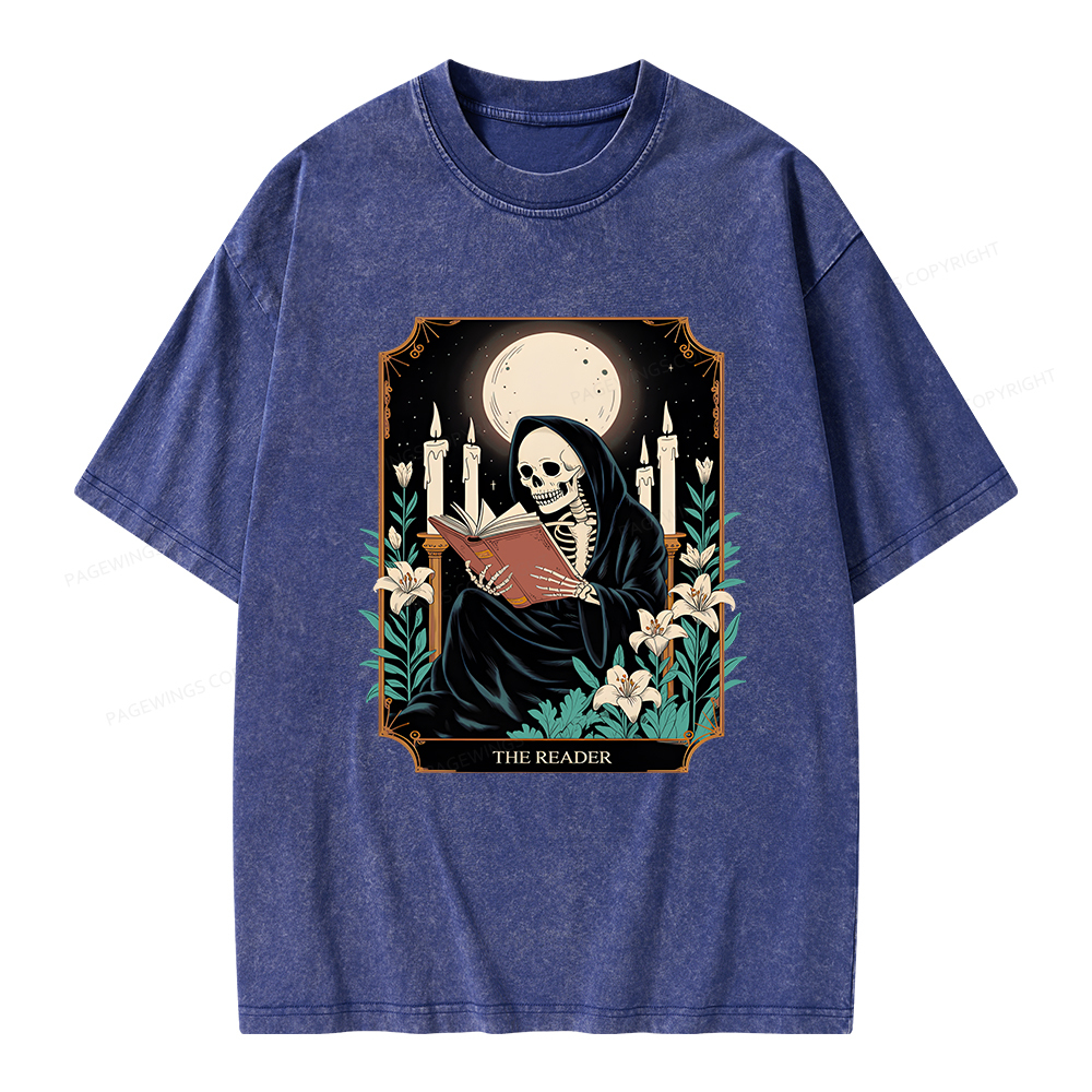 Pagewings The Reader Skeleton Tarot Card Unisex Washed T-shirt