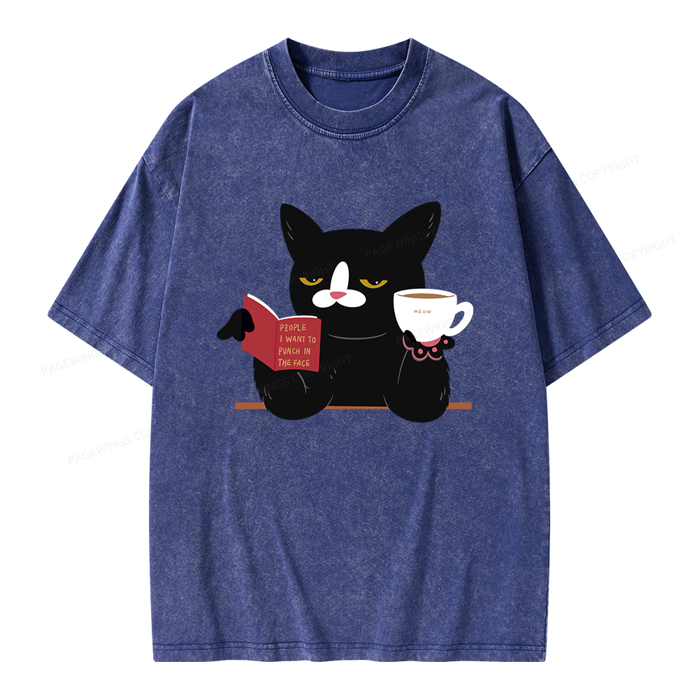 Pagewings A Cat Reading A Book While Drinking Coffee Unisex Washed T-shirt
