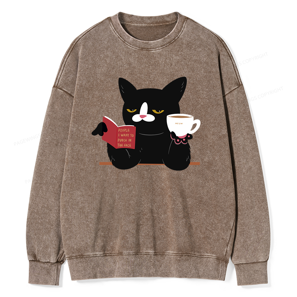 Pagewings A Cat Reading A Book While Drinking Coffee  Unisex Washed Sweatshirt