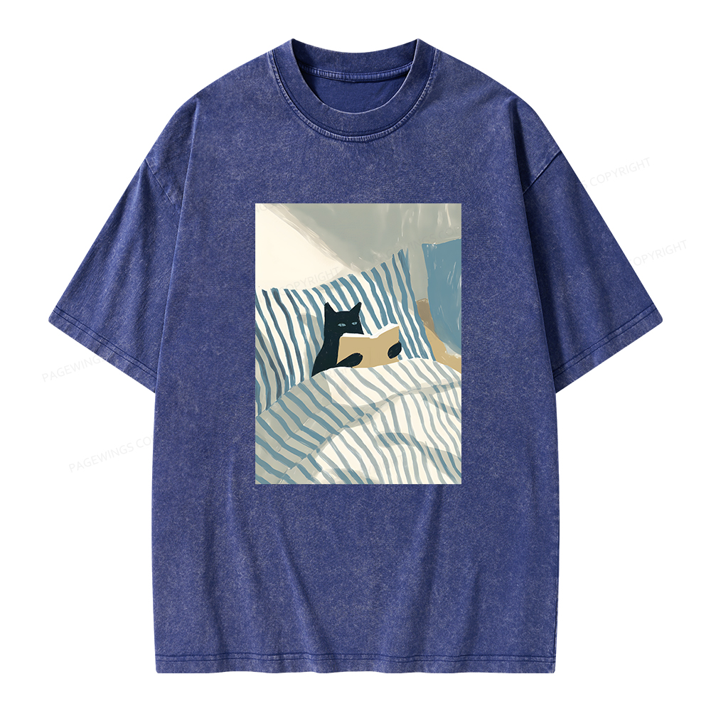 Pagewings Cat Reading Unisex Washed T-shirt