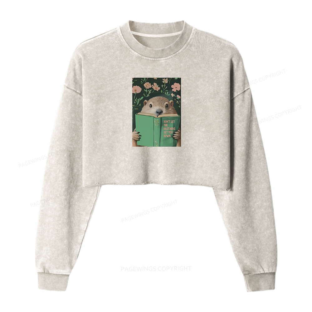 Pagewings Groundhog Reading Motivational Book Women Washed Crop Sweatshirt