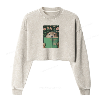Pagewings Groundhog Reading Motivational Book Women Washed Crop Sweatshirt