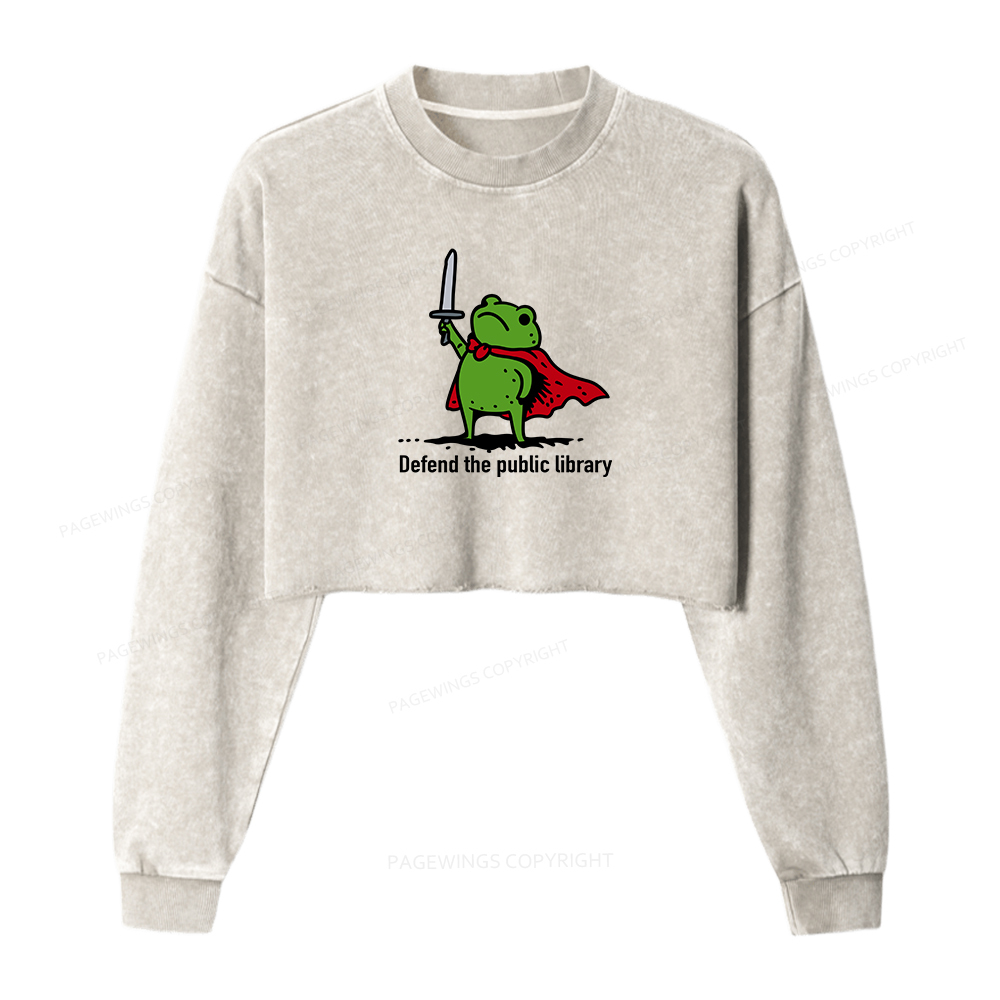 Pagewings Defend The Public Library Women Washed Crop Sweatshirt