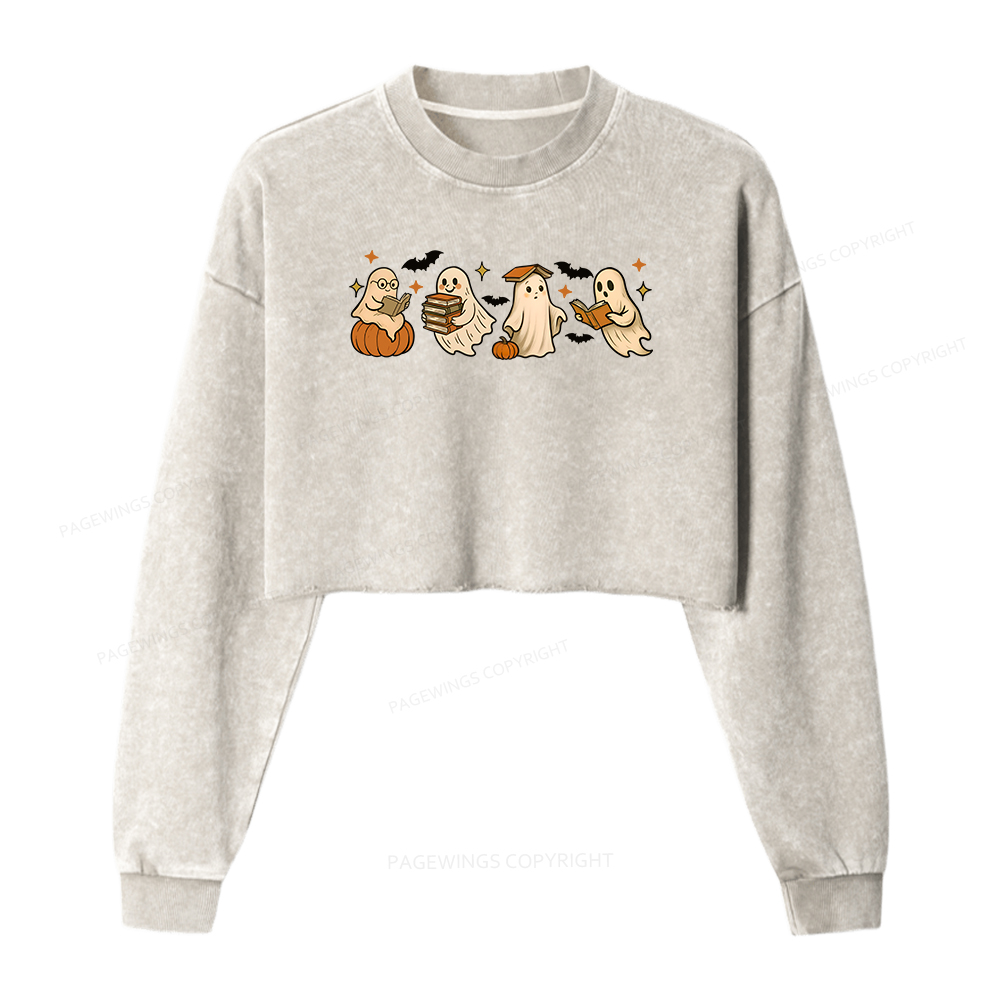 Pagewings Cute Ghost Reading Book Halloween Women Washed Crop Sweatshirt