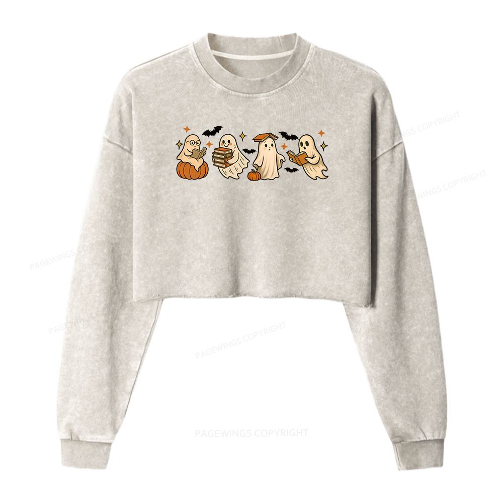 Pagewings Cute Ghost Reading Book Halloween Women Washed Crop Sweatshirt