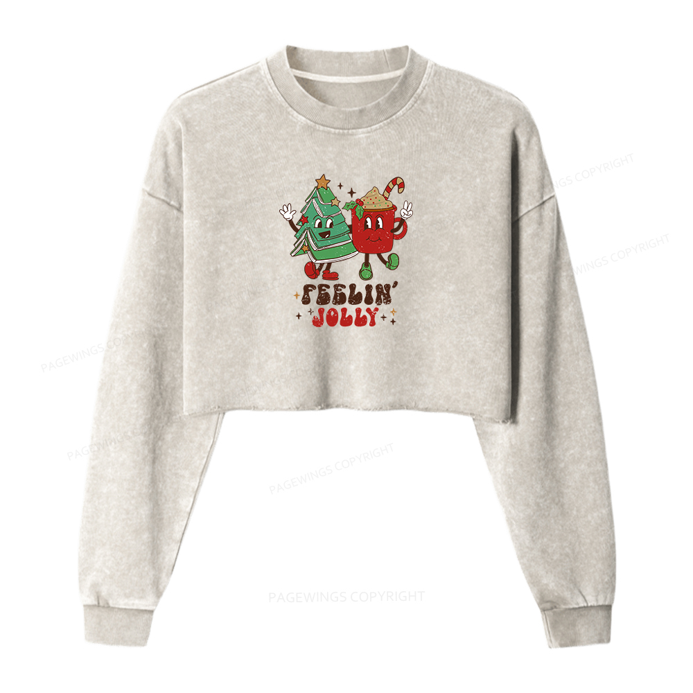Pagewings Feeling Jolly Women Washed Crop Sweatshirt