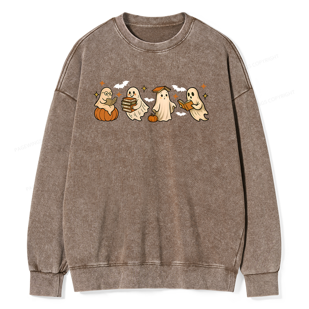 Pagewings Cute Ghost Reading Book Halloween Unisex Washed Sweatshirt