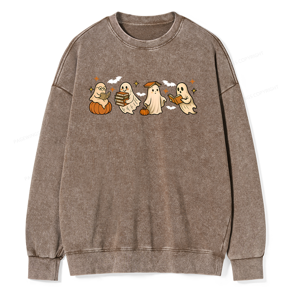 Pagewings Cute Ghost Reading Book Halloween Unisex Washed Sweatshirt