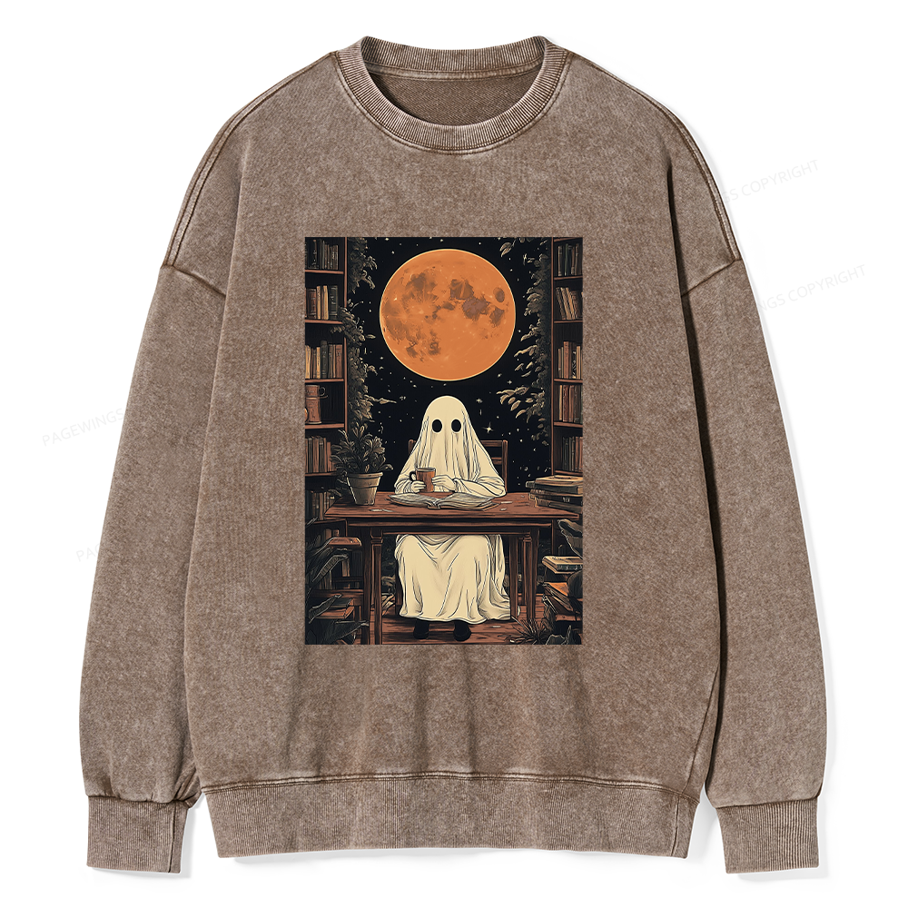 Pagewings Halloween Ghost Books Coffee Unisex Washed Sweatshirt