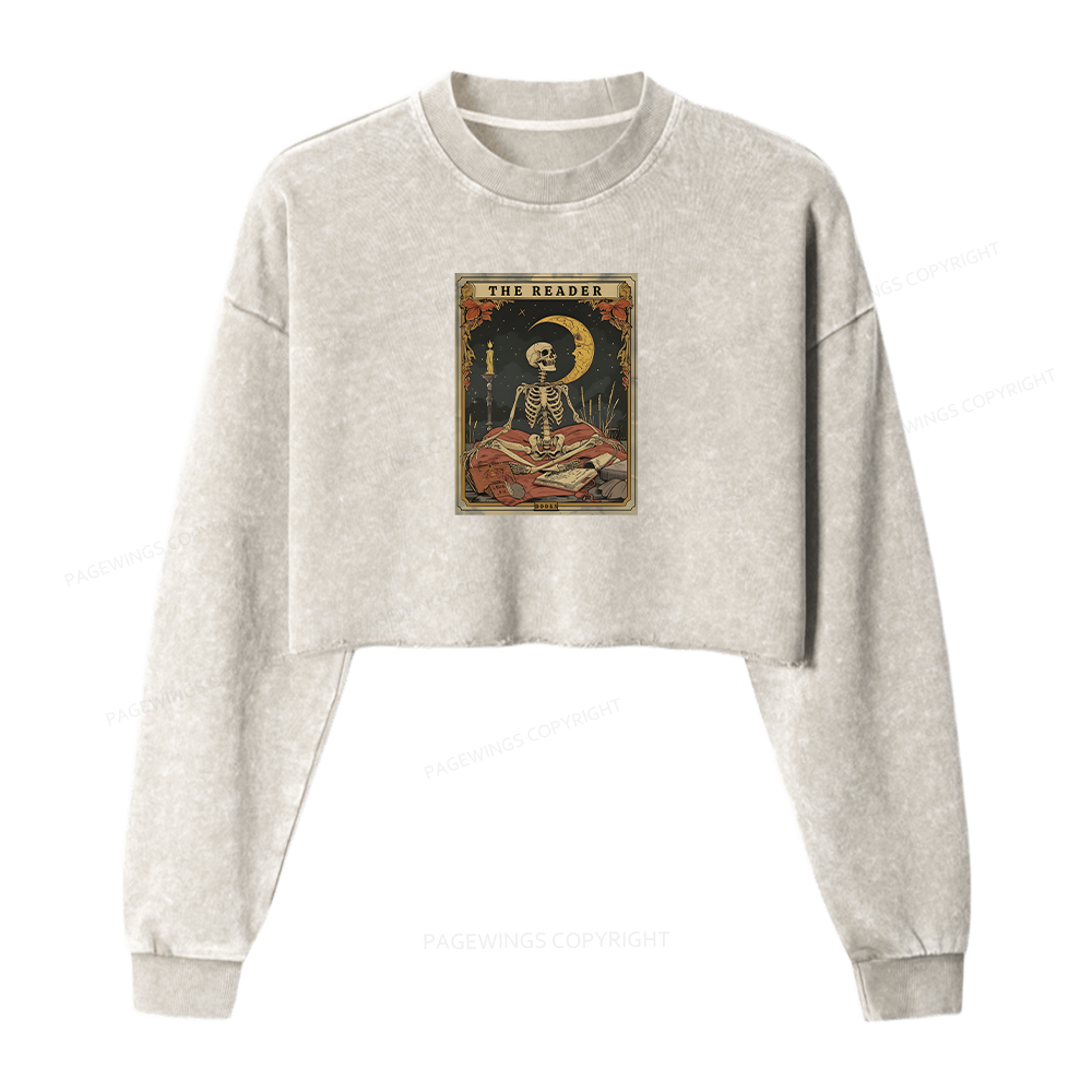 Pagewings The Reader Tarot Card Women Washed Crop Sweatshirt