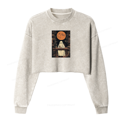 Pagewings Halloween Ghost Books Coffee Women Washed Crop Sweatshirt