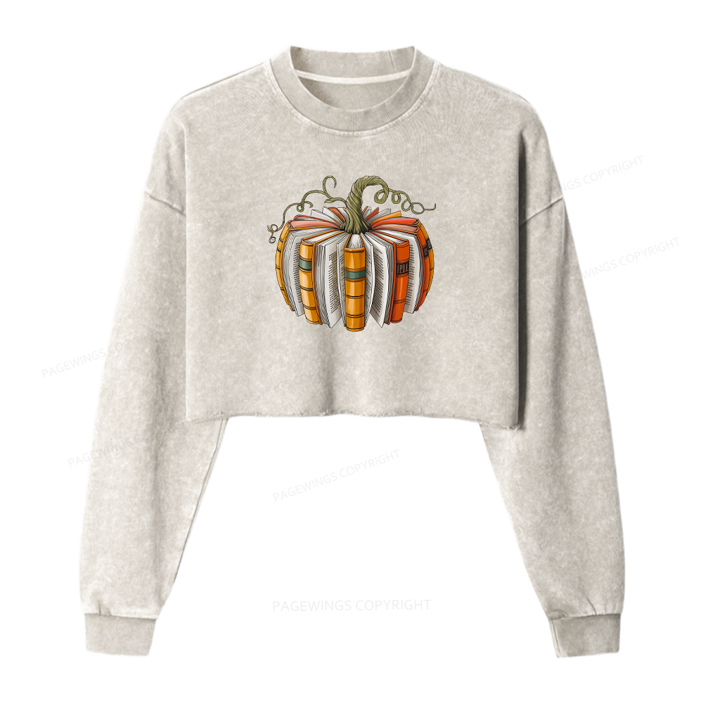 Pagewings Fall Book Pumpkin Women Washed Crop Sweatshirt