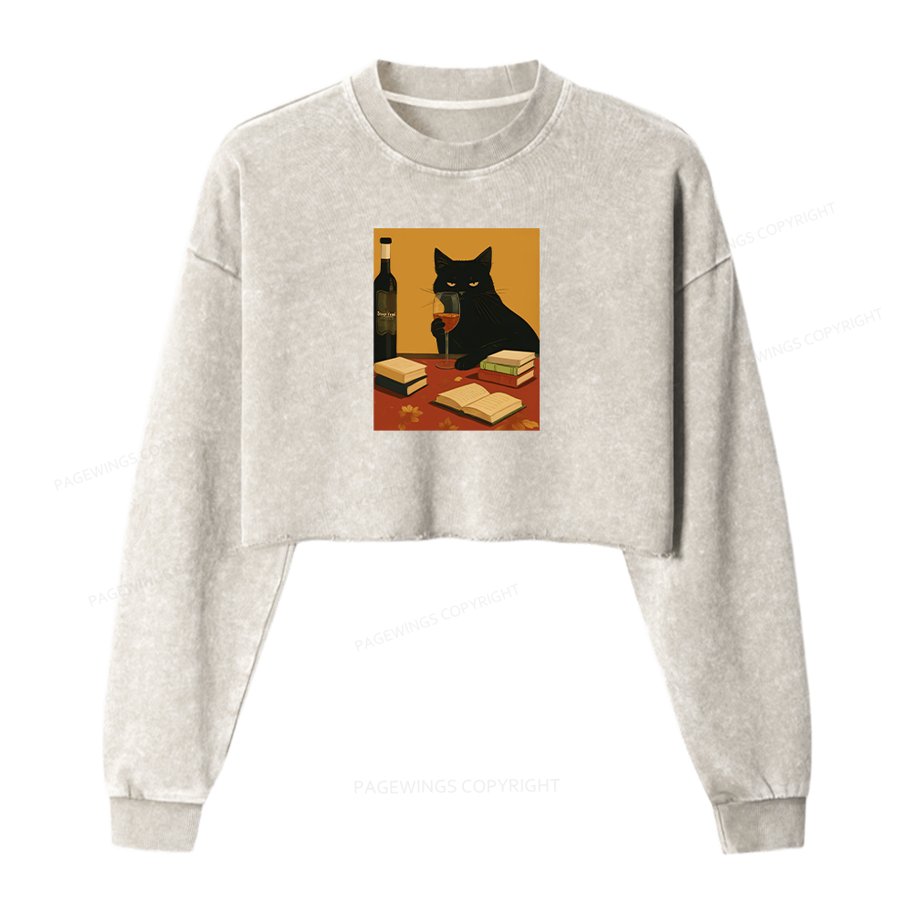Pagewings Easily Distracted By Wine And Books Women Washed Crop Sweatshirt