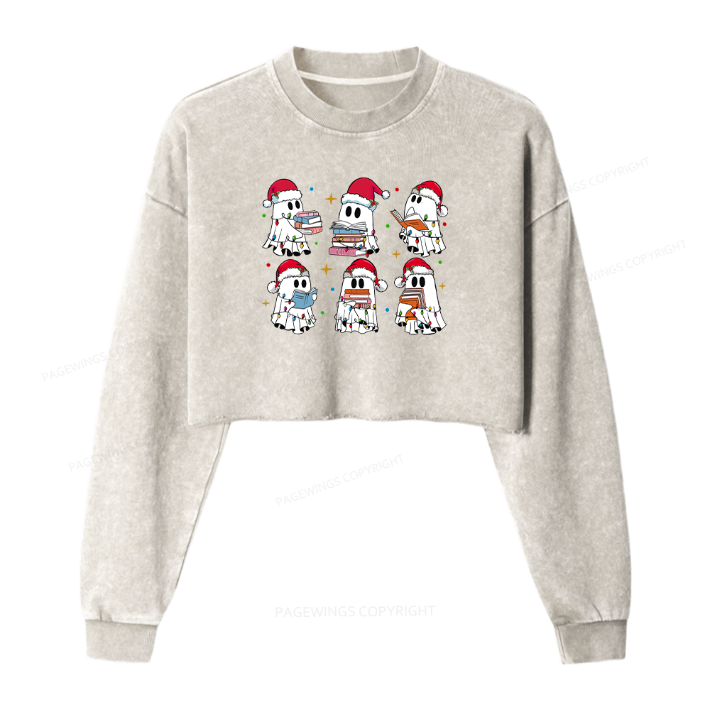 Pagewings Christmas Book Ghost Women Washed Crop Sweatshirt