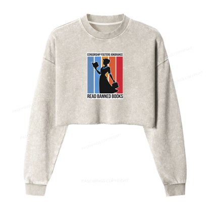 Pagewings Read Banned Books Women Washed Crop Sweatshirt