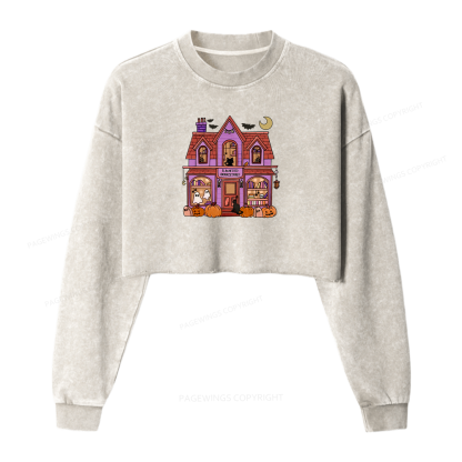 Pagewings Haunted Bookstore Women Washed Crop Sweatshirt