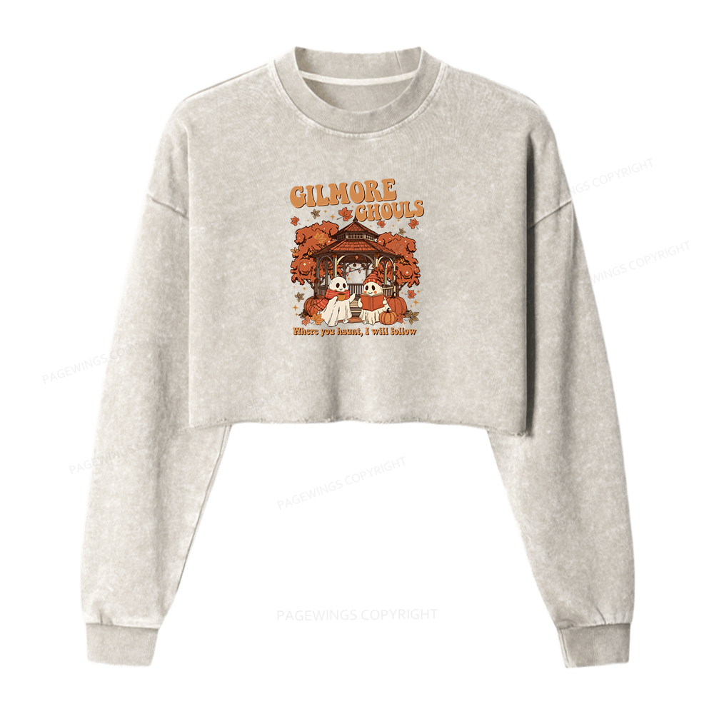 Pagewings Gilmore Ghouls Women Washed Crop Sweatshirt