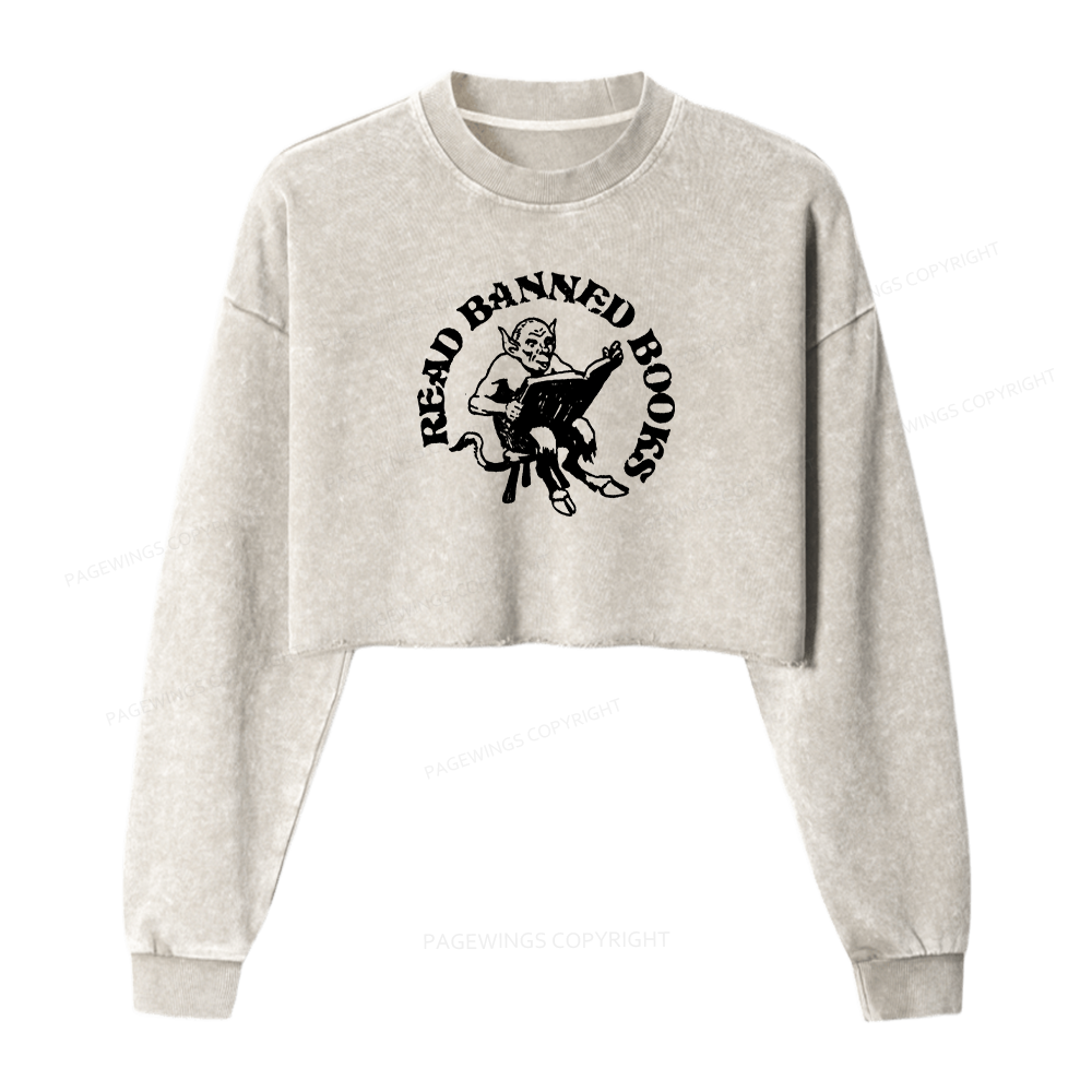 Pagewings Read Banned Books Women Washed Crop Sweatshirt