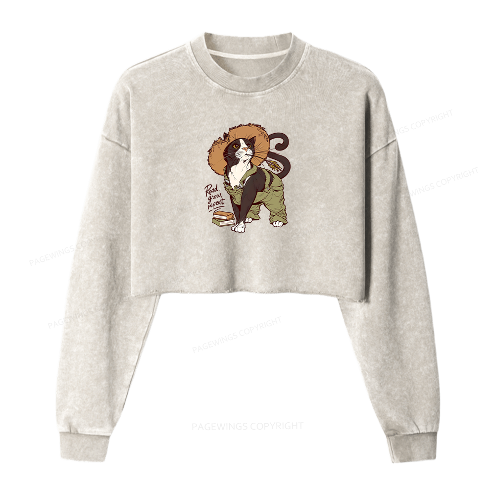 Pagewings Read Grow Repeat Women Washed Crop Sweatshirt