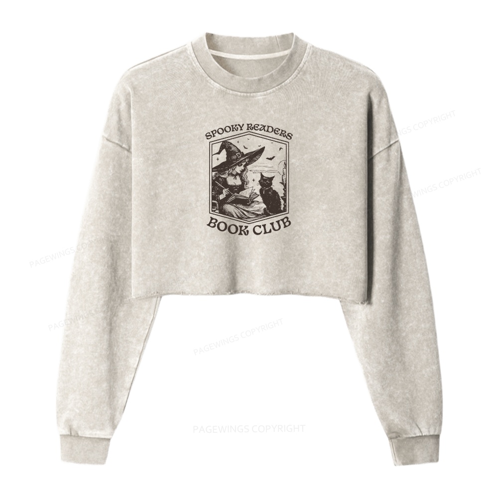 Pagewings Spooky Readers Book Club Women Washed Crop Sweatshirt