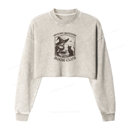 Pagewings Spooky Readers Book Club Women Washed Crop Sweatshirt