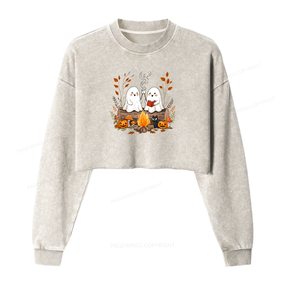Pagewings Cute Ghost Halloween Women Washed Crop Sweatshirt
