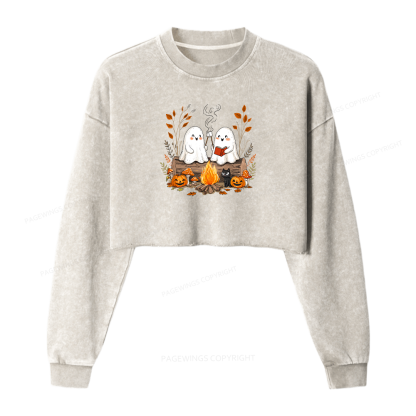 Pagewings Cute Ghost Halloween Women Washed Crop Sweatshirt