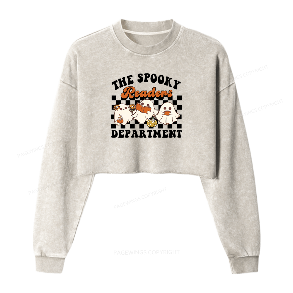 Pagewings Spooky Reader Halloween Women Washed Crop Sweatshirt