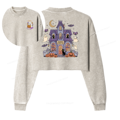 Pagewings Personalized Name Haunted Bookstore Women Washed Crop Sweatshirt