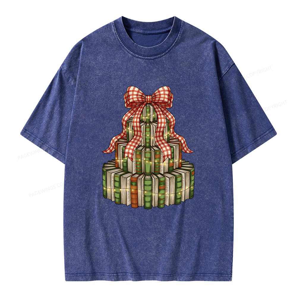 Pagewings Christmas Book Tree Unisex Washed T-shirt