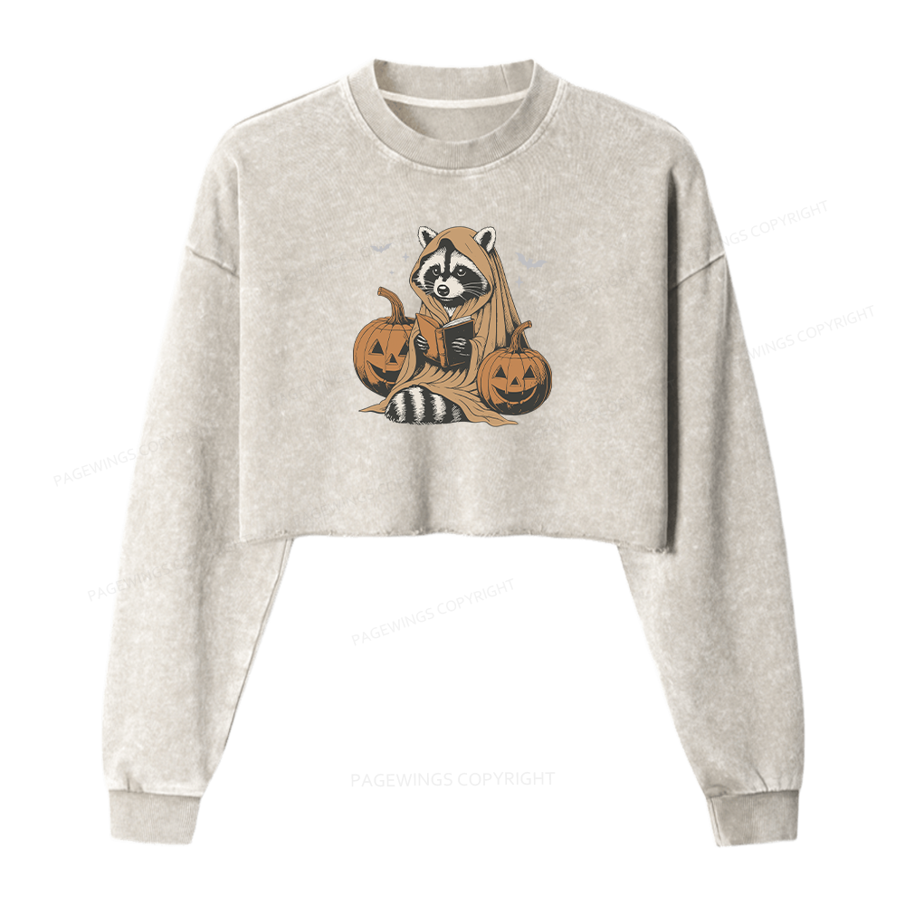 Pagewings Halloween Cute Raccoon Ghost Reading Women Washed Crop Sweatshirt