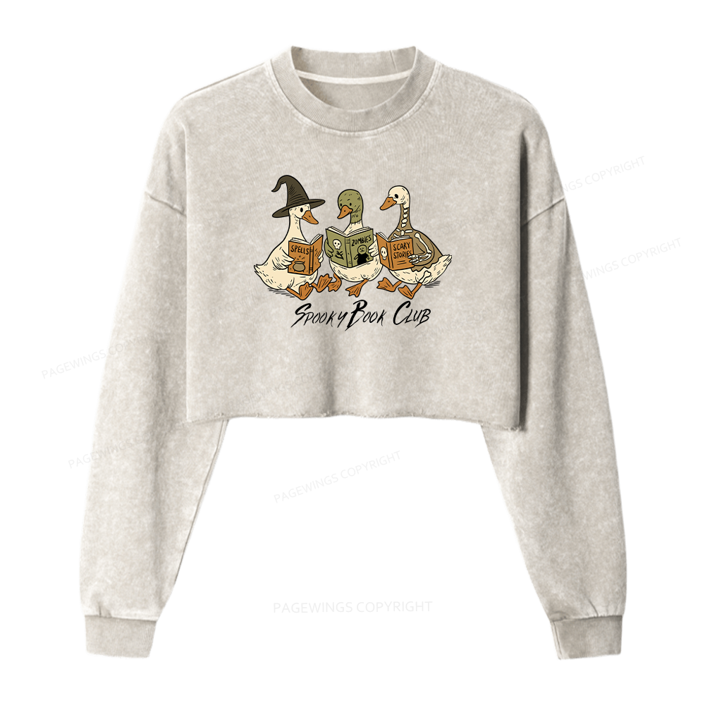 Pagewings Spooky Book Club Women Washed Crop Sweatshirt